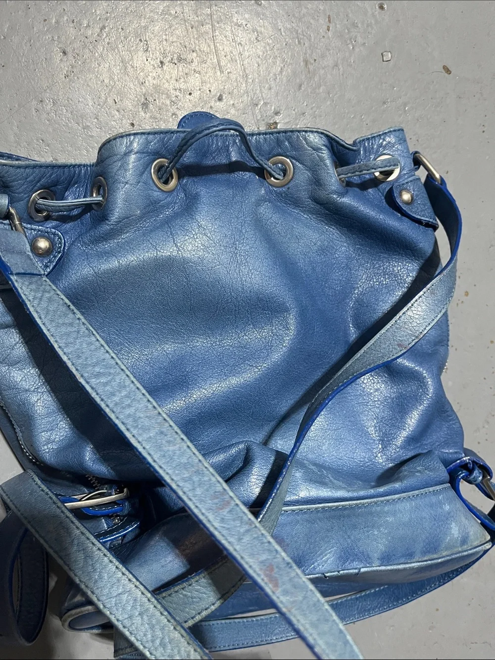 Garnet Hill Blue Leather Drawstring Shoulder Bucket Bag